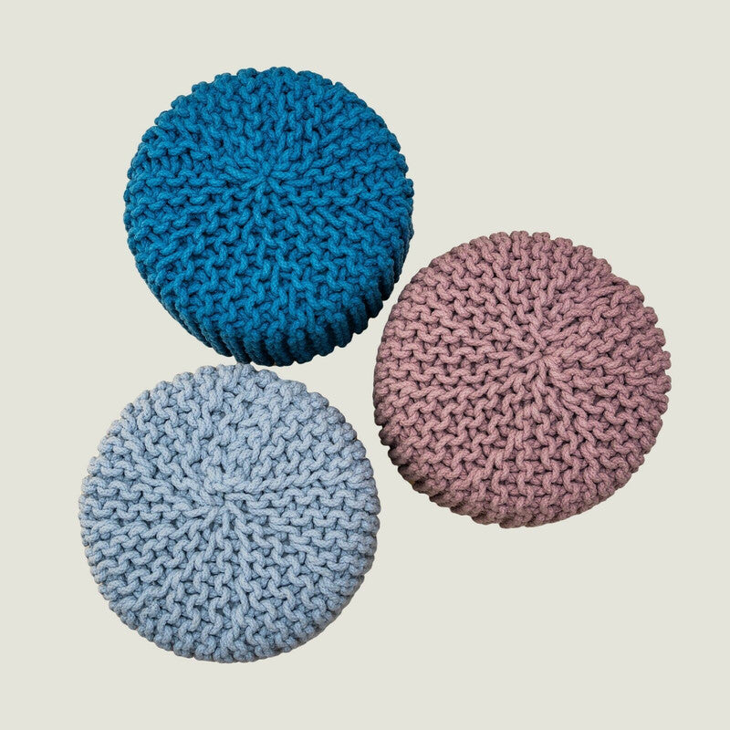 Kids Hand Knitted Cotton Braided Foot Rest Sitting Stool Ottoman (Blue) - Cosy Abode