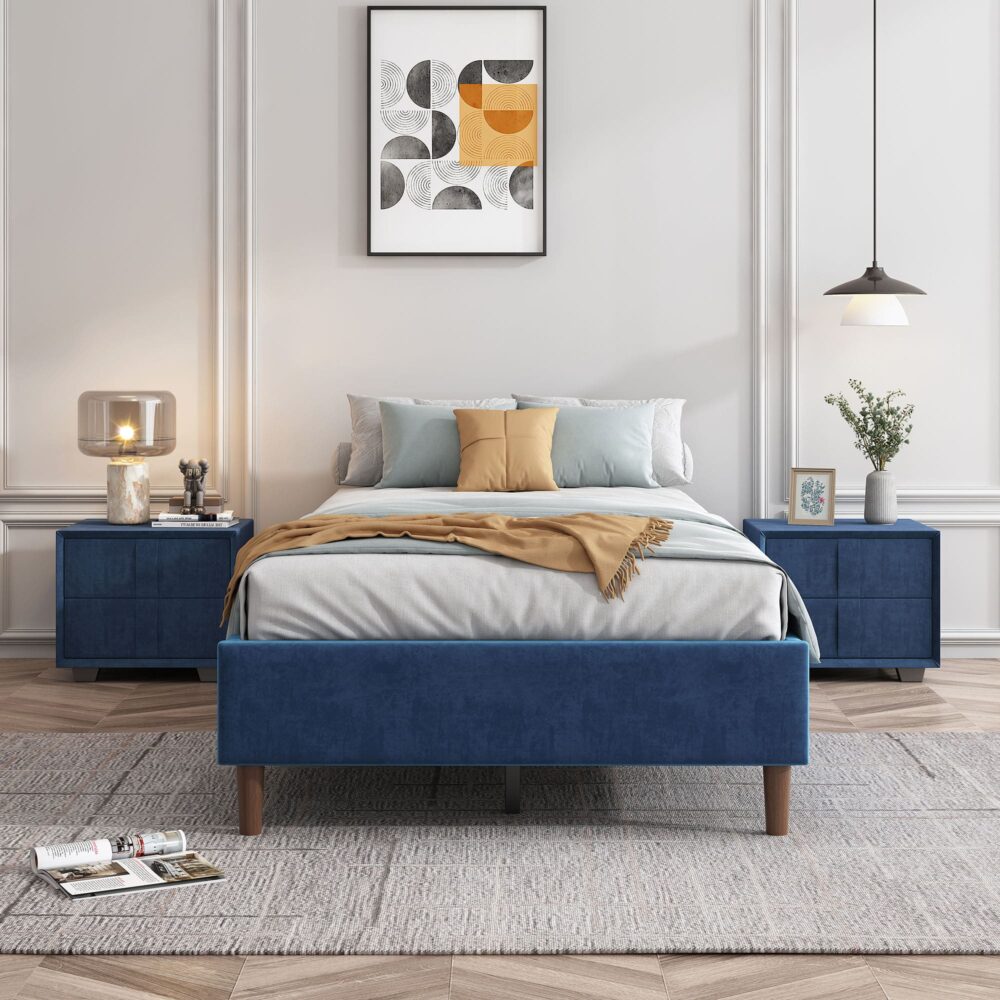 Velvet Blue Bed Frame – Queen - Cosy Abode