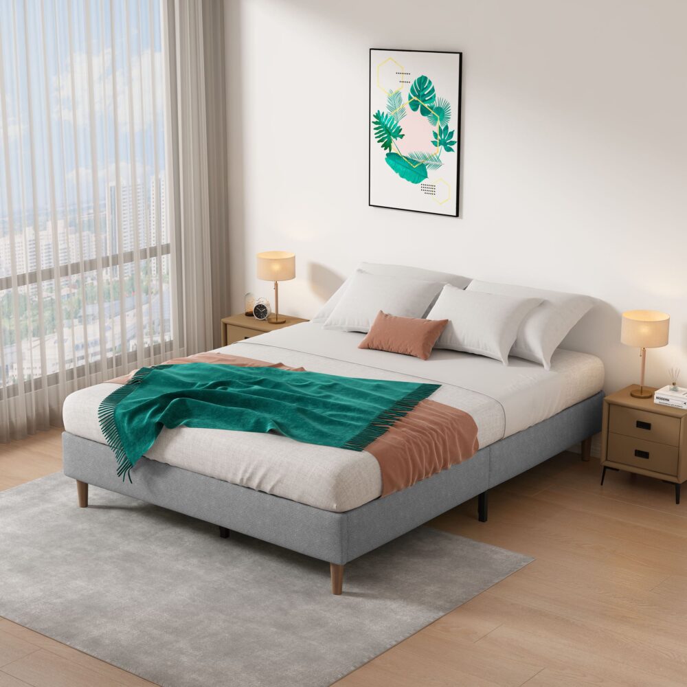 Bedframe with Wooden Slats (Light Grey) – Queen - Cosy Abode
