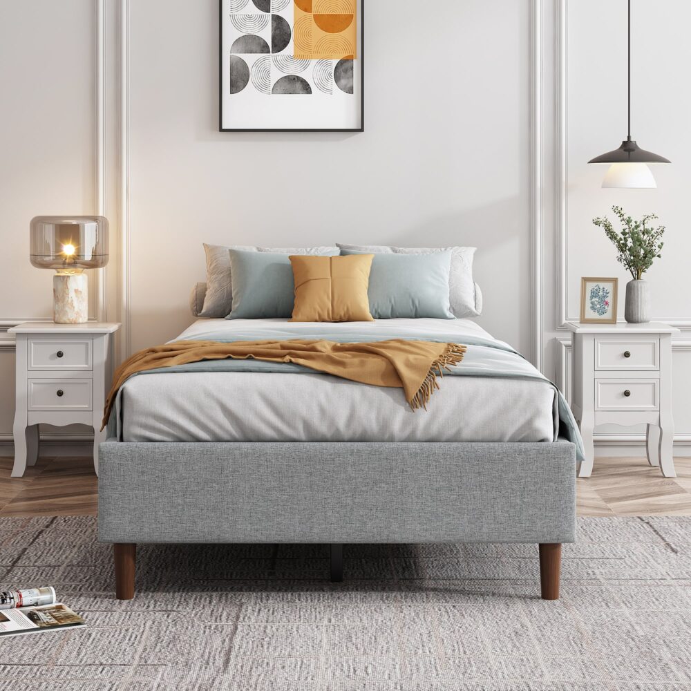 Bedframe with Wooden Slats (Light Grey) – Single - Cosy Abode