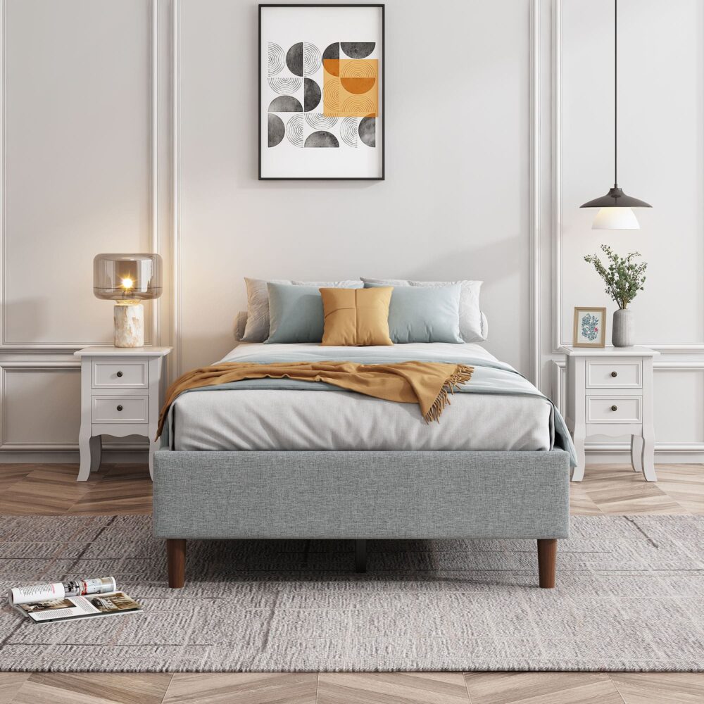 Bedframe with Wooden Slats (Light Grey) – Single - Cosy Abode