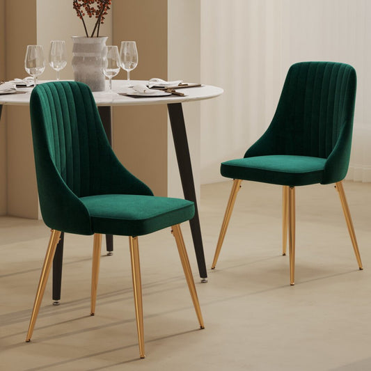 Viva Forever Set of 2 Green Velvet Dining Chairs-Art Deco Design with Gold Metal Legs - Cosy Abode