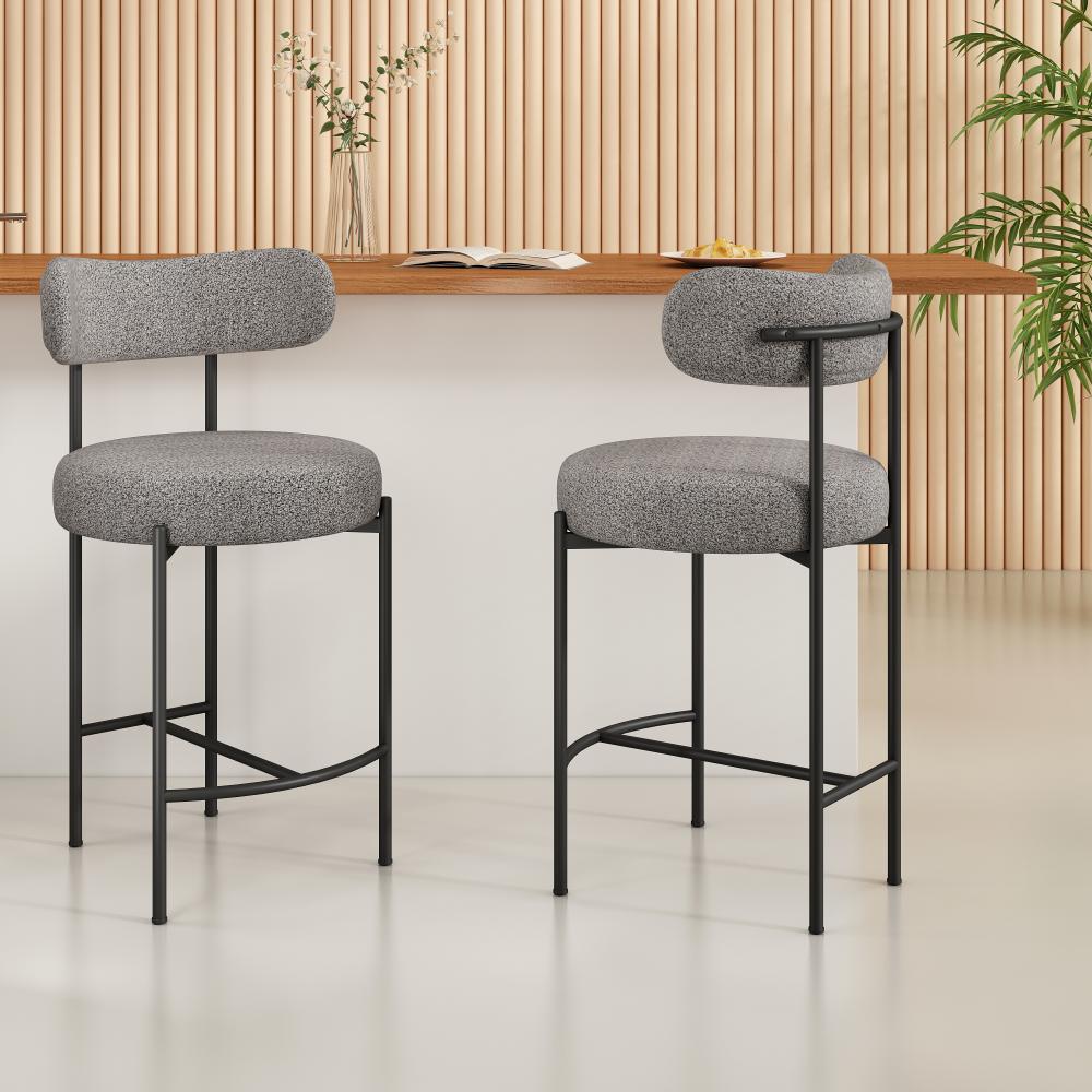 Contemporary Grey Boucle Elsa Low Bar Stools - Cosy Abode