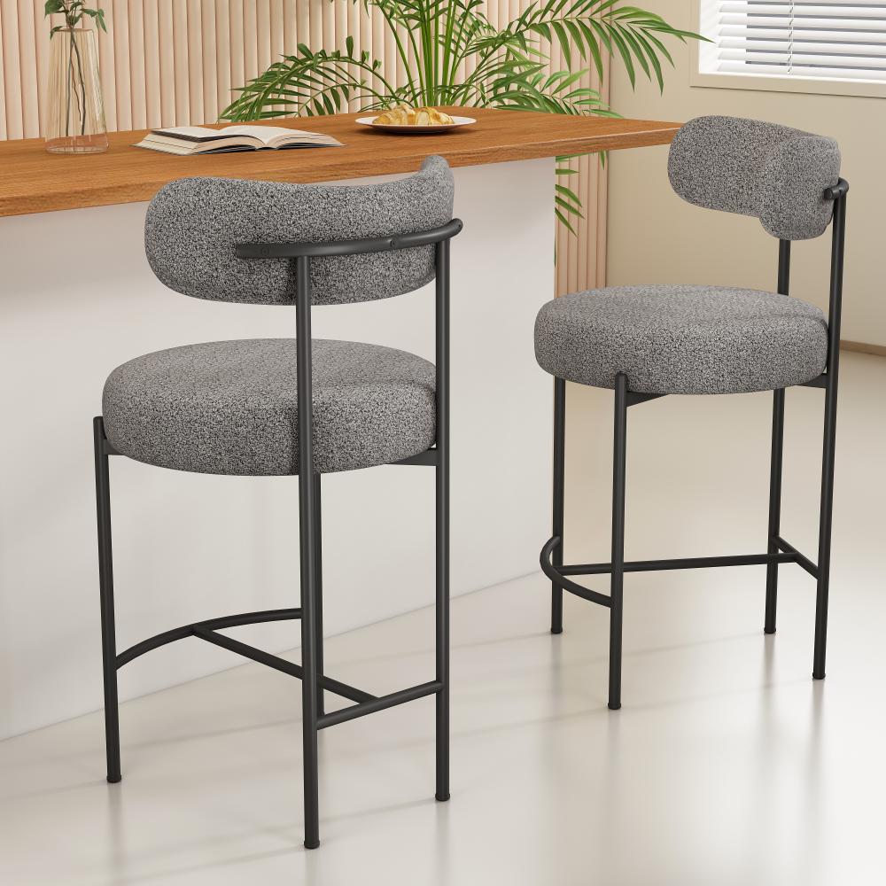 Contemporary Grey Boucle Elsa Low Bar Stools - Cosy Abode