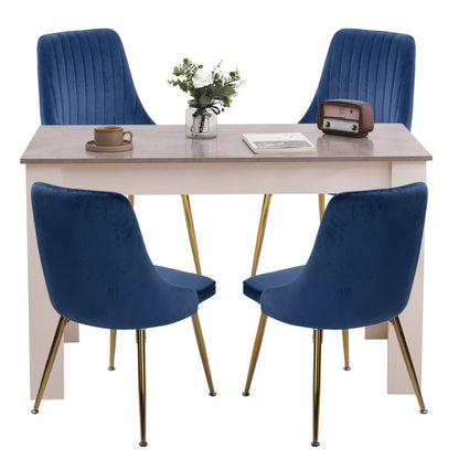 Grey Rectangular Dining Table with 4x Blue Velvet Chairs - Cosy Abode