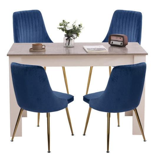 Grey Rectangular Dining Table with 4x Blue Velvet Chairs - Cosy Abode