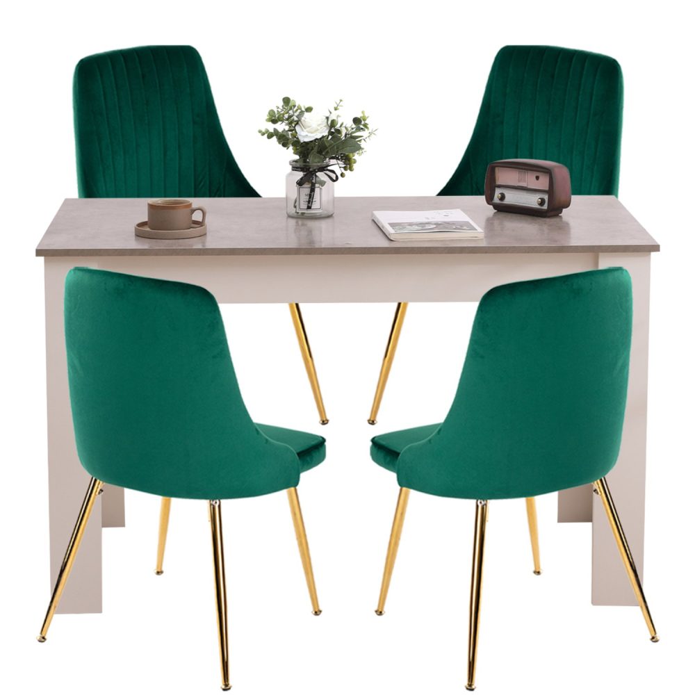 Grey Rectangular Dining Table with 4x Green Velvet Chairs - Cosy Abode