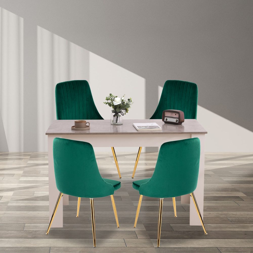 Grey Rectangular Dining Table with 4x Green Velvet Chairs - Cosy Abode
