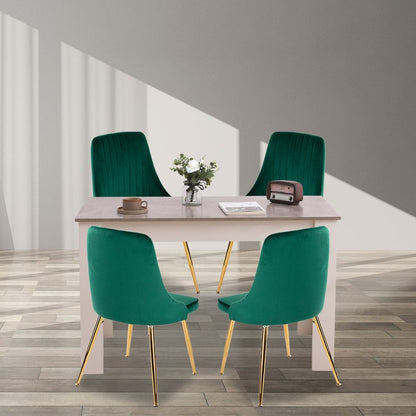 Grey Rectangular Dining Table with 4x Green Velvet Chairs - Cosy Abode