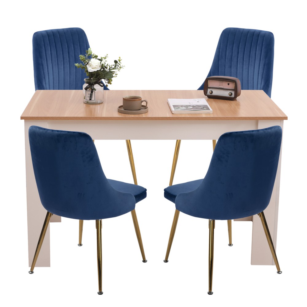 Natural Rectangular Dining Table with 4x Blue Velvet Chairs - Cosy Abode