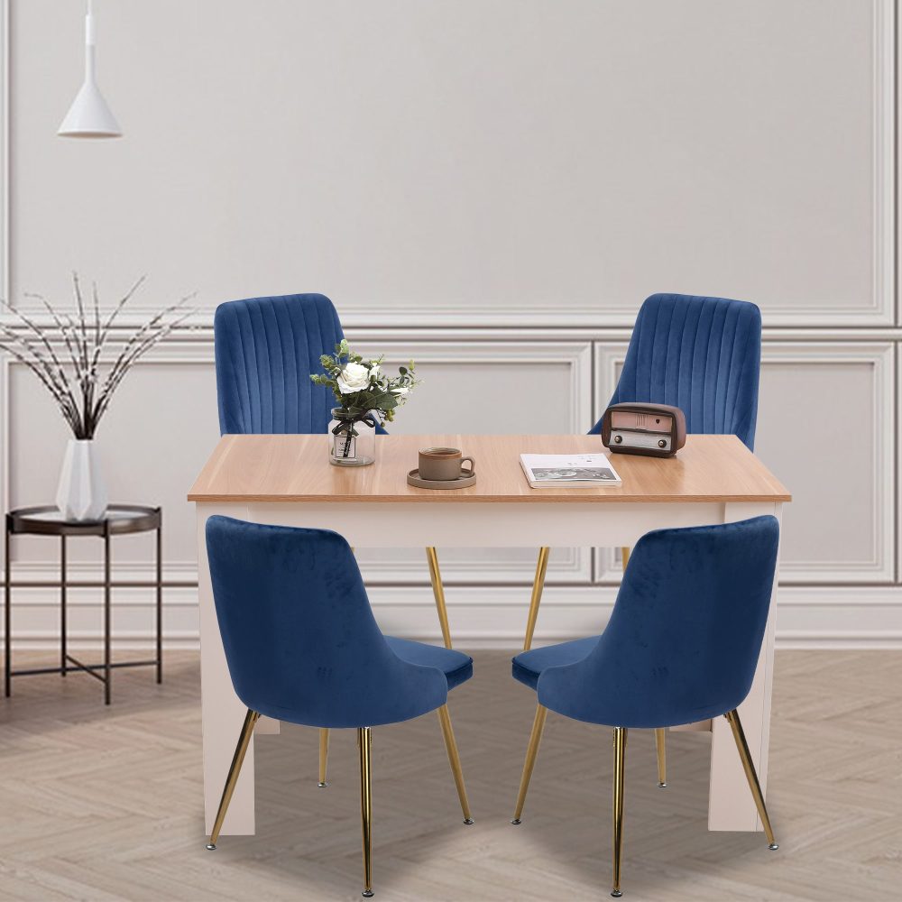 Natural Rectangular Dining Table with 4x Blue Velvet Chairs - Cosy Abode