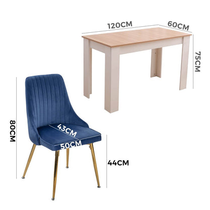 Natural Rectangular Dining Table with 4x Blue Velvet Chairs - Cosy Abode