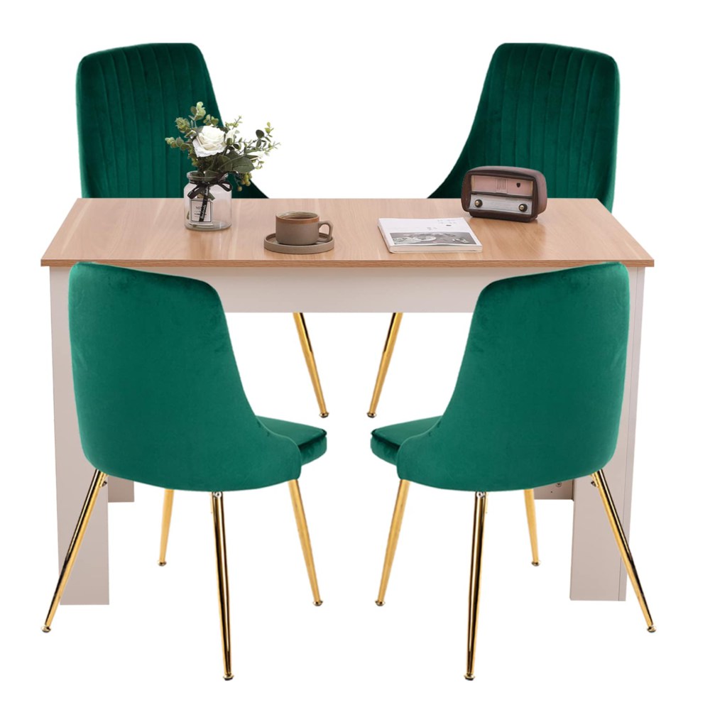 Natural Rectangular Dining Table with 4x Green Velvet Chairs - Cosy Abode