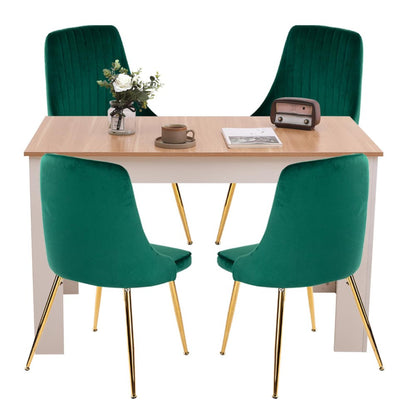Natural Rectangular Dining Table with 4x Green Velvet Chairs - Cosy Abode