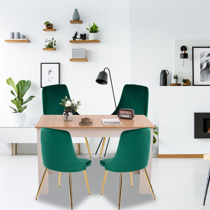 Natural Rectangular Dining Table with 4x Green Velvet Chairs - Cosy Abode