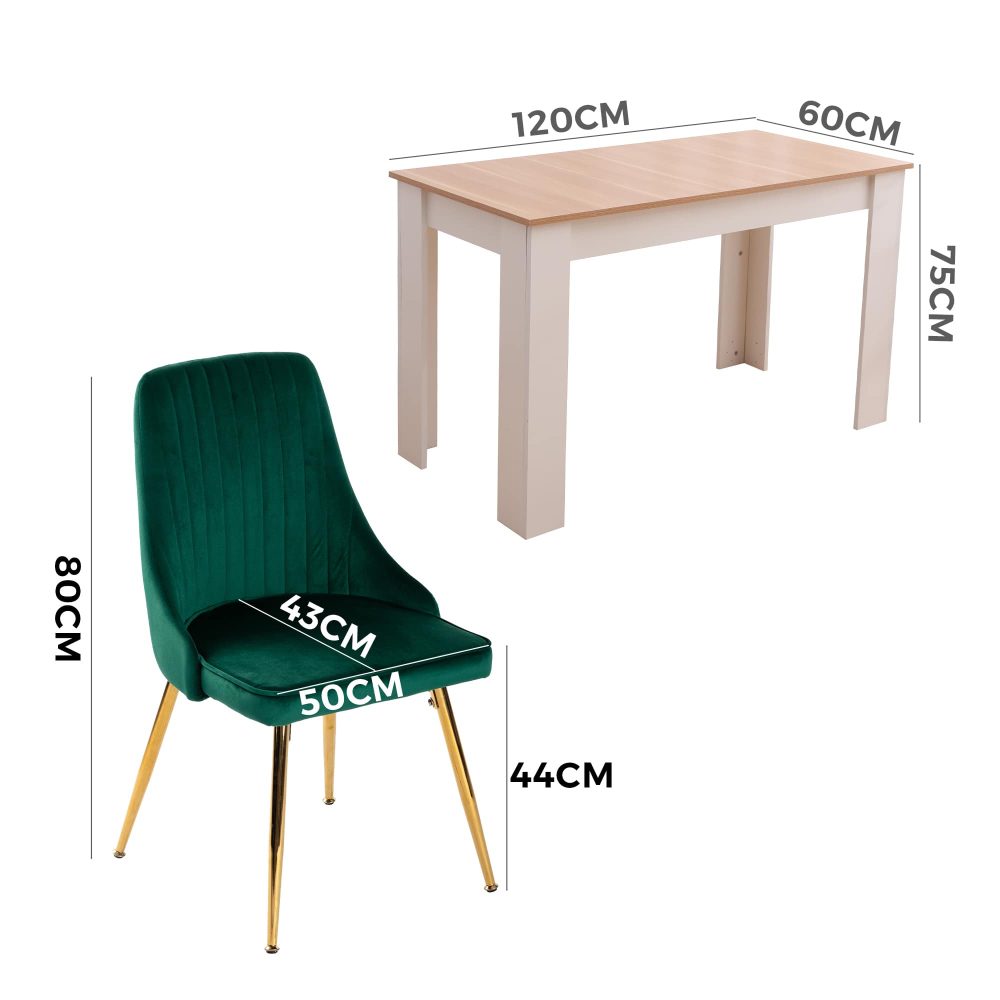 Natural Rectangular Dining Table with 4x Green Velvet Chairs - Cosy Abode