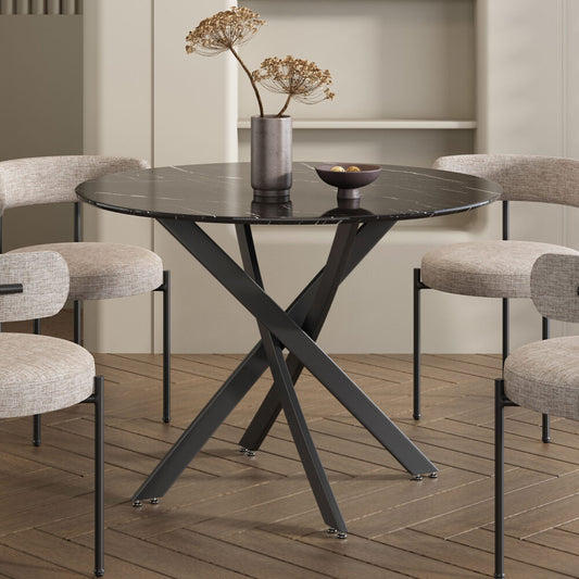 Round Marble-Effect Table-Black - Cosy Abode