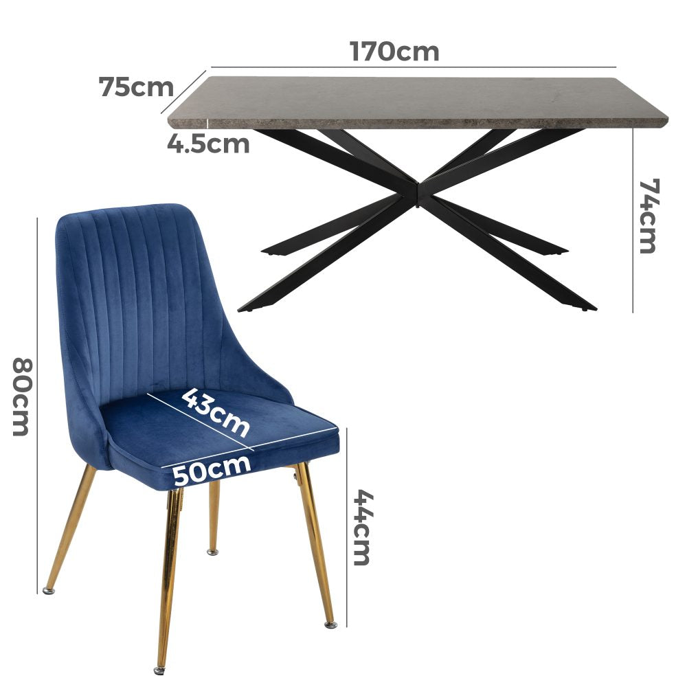Dining Delight: Rectangular Table and Navy Velvet Chairs Dining Set - Cosy Abode