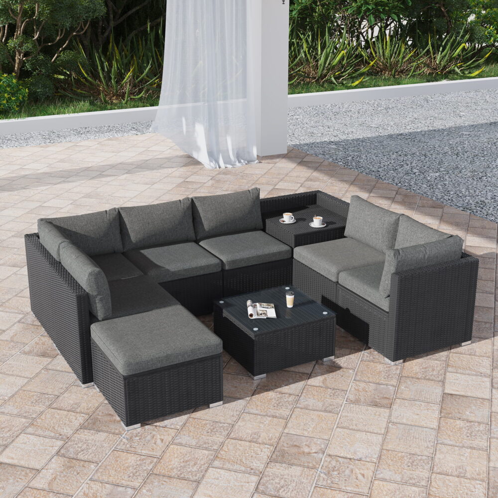 Large Modular Outdoor Ottoman Lounge Set in Black - Cosy Abode