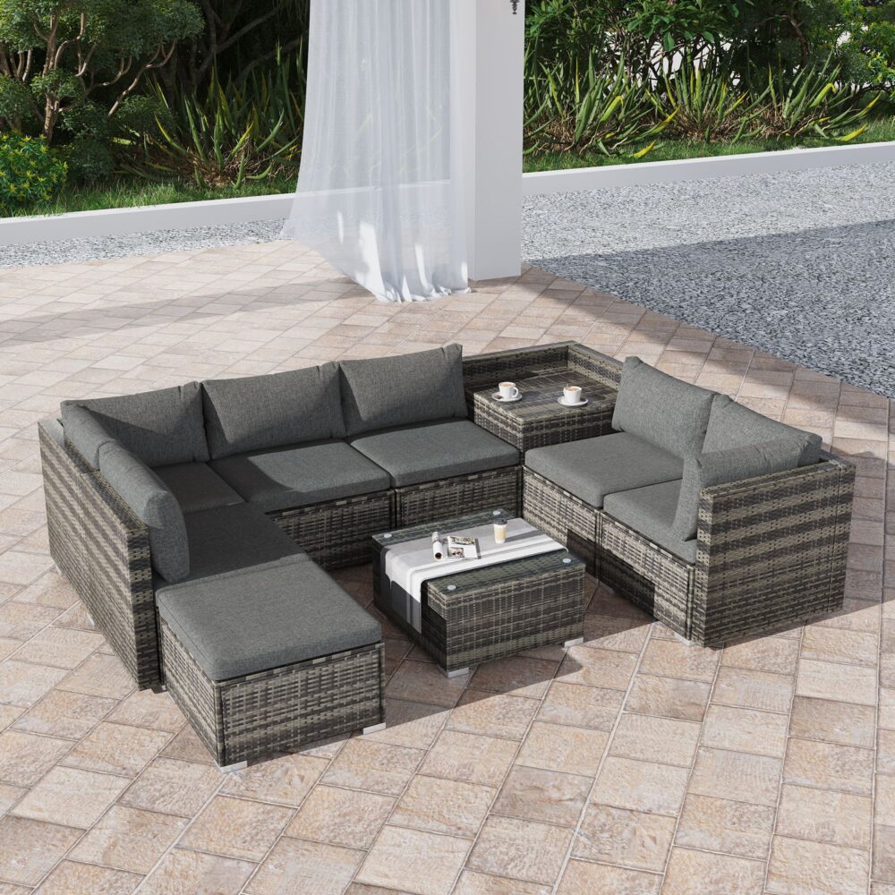 Large Modular Outdoor Ottoman Lounge Set in Grey - Cosy Abode