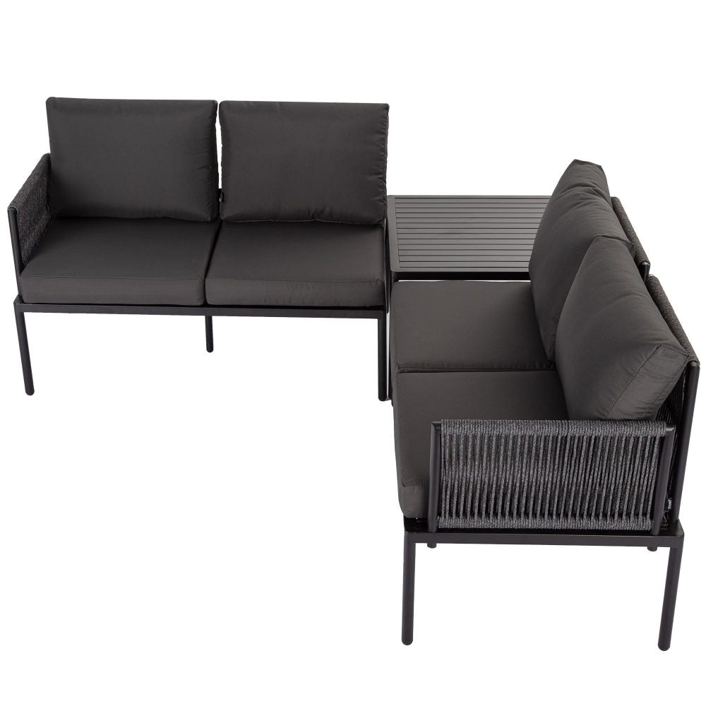 Eden 4-Seater Outdoor Lounge Set with Coffee Table in Black-Stylish Textile and Rope Design - Cosy Abode