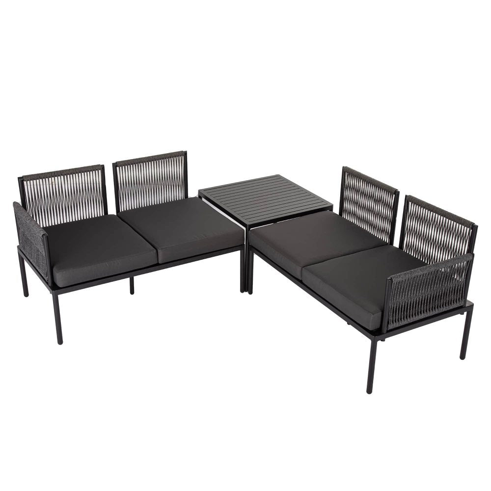 Eden 4-Seater Outdoor Lounge Set with Coffee Table in Black-Stylish Textile and Rope Design - Cosy Abode