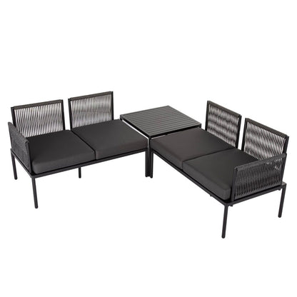 Eden 4-Seater Outdoor Lounge Set with Coffee Table in Black-Stylish Textile and Rope Design - Cosy Abode