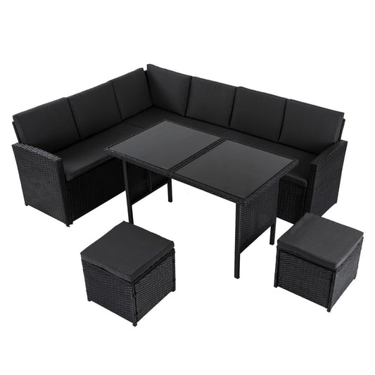 Ella 8-Seater Modular Outdoor Garden Lounge and Dining Set with Table and Stools in Black - Cosy Abode