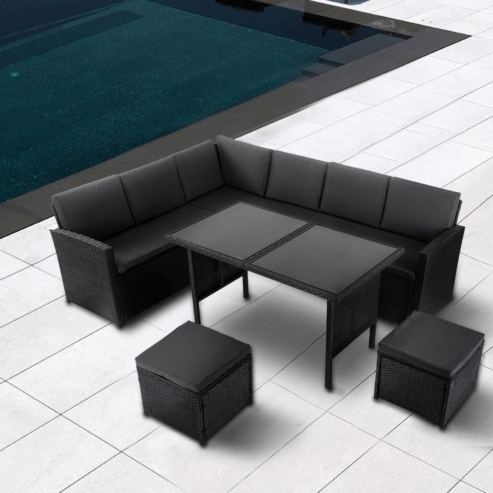 Ella 8-Seater Modular Outdoor Garden Lounge and Dining Set with Table and Stools in Black - Cosy Abode