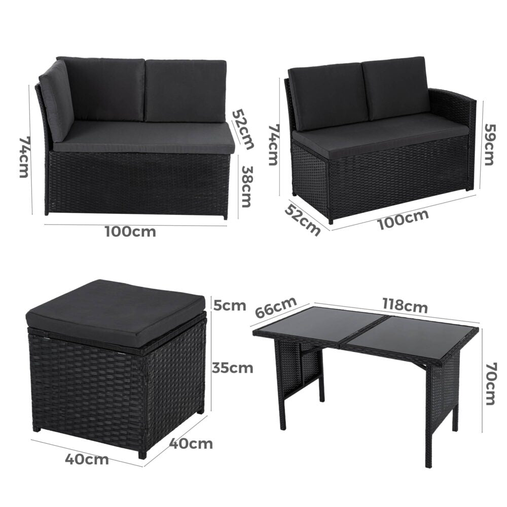 Ella 8-Seater Modular Outdoor Garden Lounge and Dining Set with Table and Stools in Black - Cosy Abode
