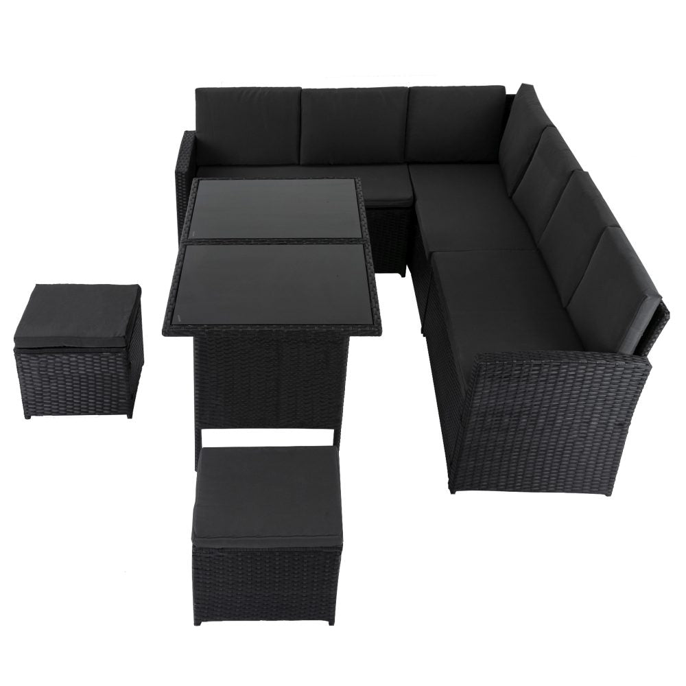 Ella 8-Seater Modular Outdoor Garden Lounge and Dining Set with Table and Stools in Black - Cosy Abode