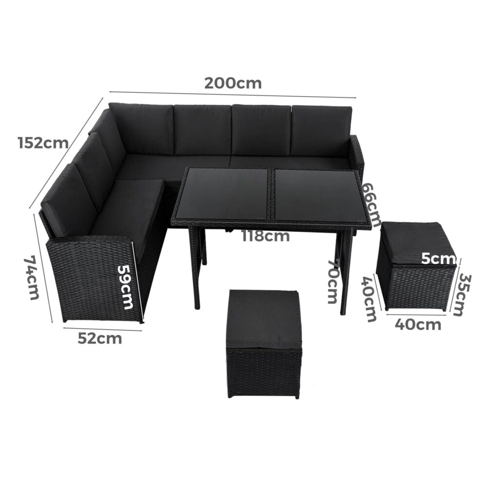 Ella 8-Seater Modular Outdoor Garden Lounge and Dining Set with Table and Stools in Black - Cosy Abode