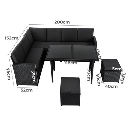 Ella 8-Seater Modular Outdoor Garden Lounge and Dining Set with Table and Stools in Black - Cosy Abode