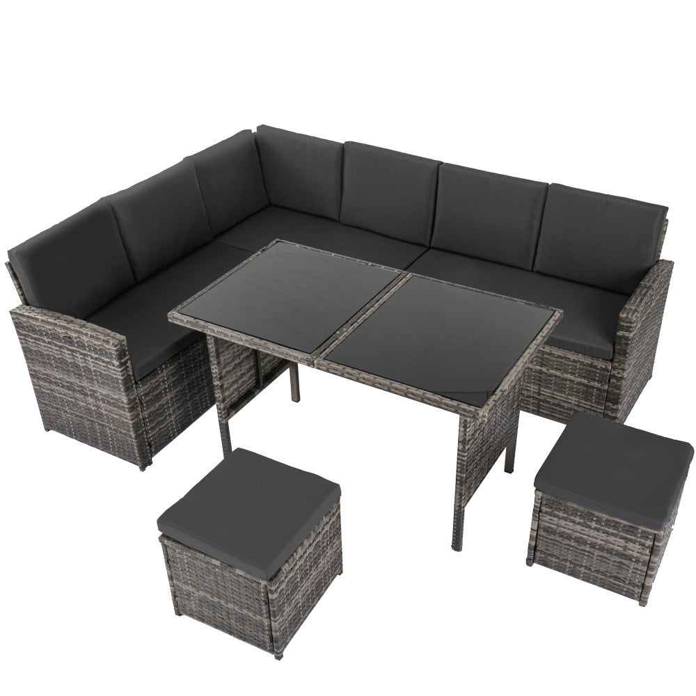 Ella 8-Seater Modular Outdoor Garden Lounge and Dining Set with Table and Stools in Dark Grey Weave - Cosy Abode