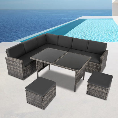 Ella 8-Seater Modular Outdoor Garden Lounge and Dining Set with Table and Stools in Dark Grey Weave - Cosy Abode