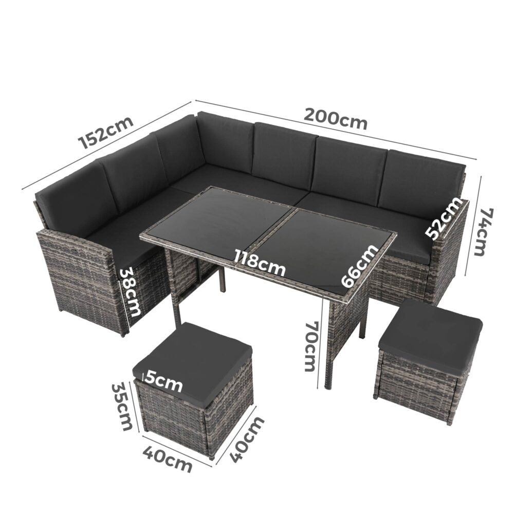 Ella 8-Seater Modular Outdoor Garden Lounge and Dining Set with Table and Stools in Dark Grey Weave - Cosy Abode