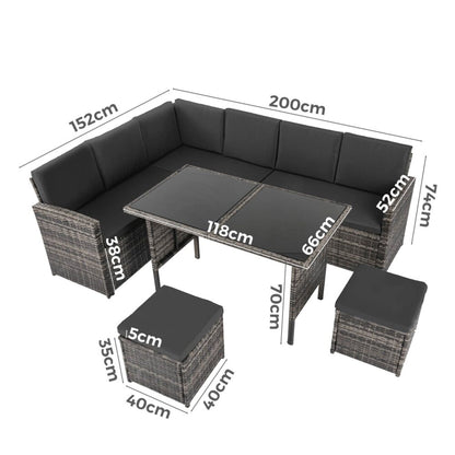 Ella 8-Seater Modular Outdoor Garden Lounge and Dining Set with Table and Stools in Dark Grey Weave - Cosy Abode