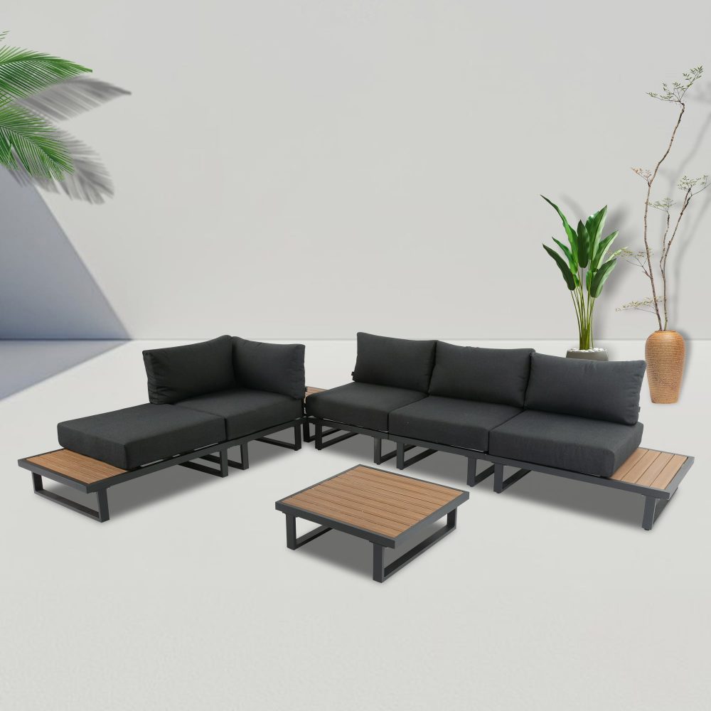 Modern Outdoor 7 Piece Lounge Set with Slatted Polywood Design Tables - Cosy Abode