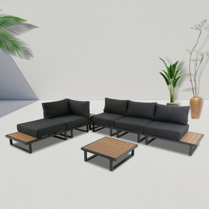 Modern Outdoor 7 Piece Lounge Set with Slatted Polywood Design Tables - Cosy Abode