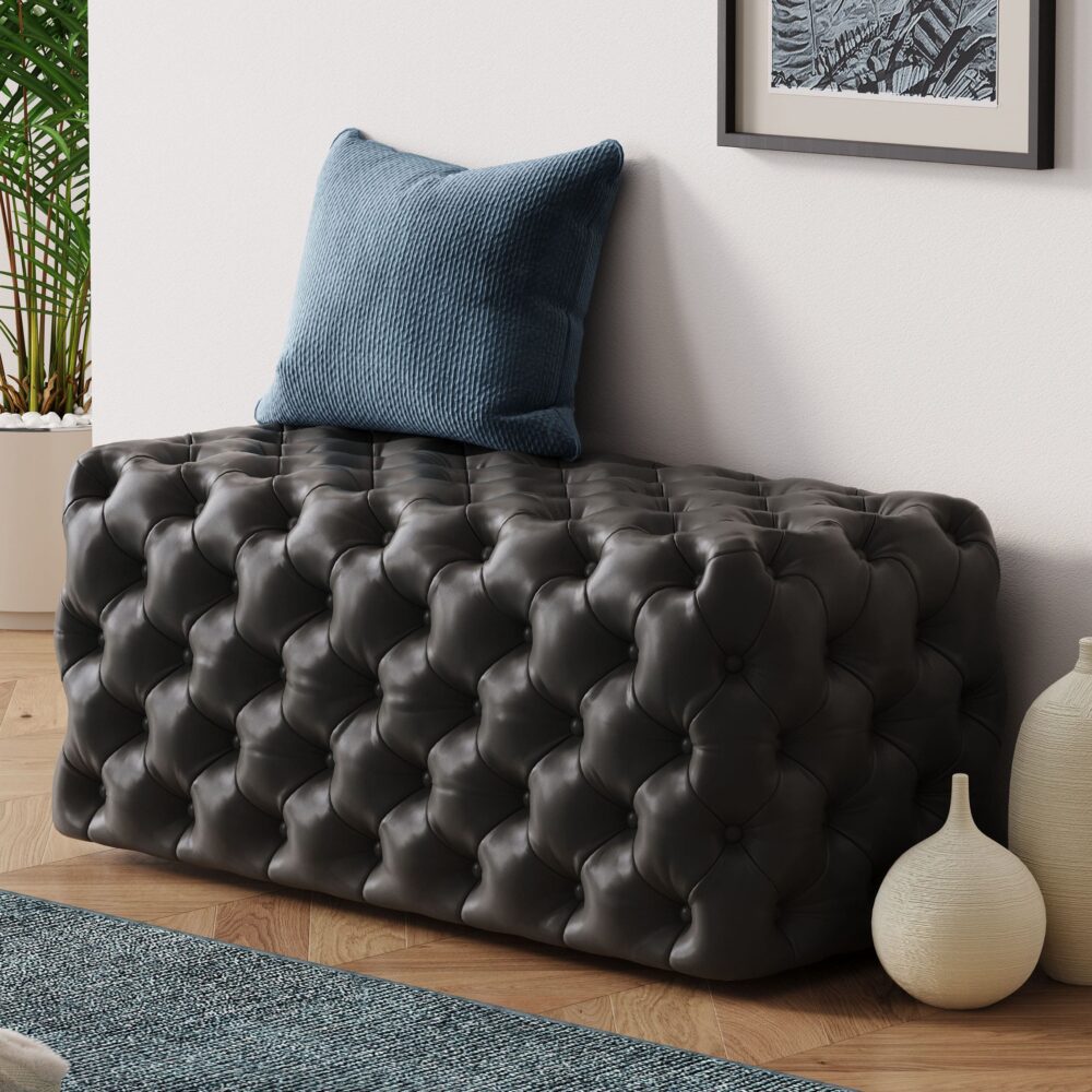 Black Leathaire Ottoman-Rectangular - Cosy Abode