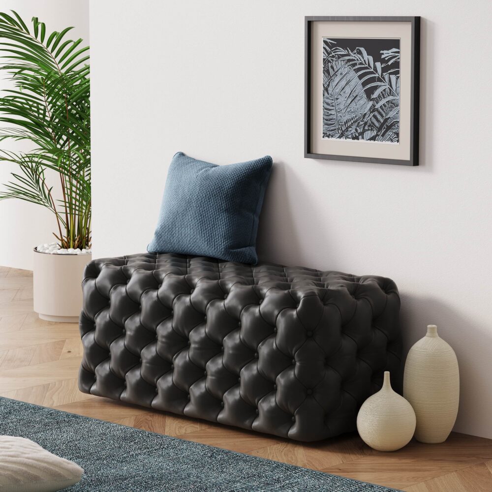 Black Leathaire Ottoman-Rectangular - Cosy Abode