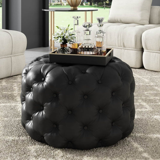 Contemporary Black Leather-look Ottoman with Button - Cosy Abode