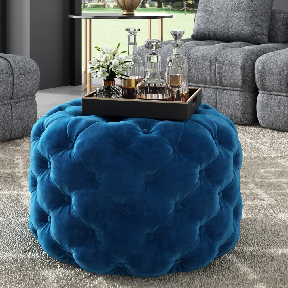 Round Velvet Ottoman in Navy - Cosy Abode