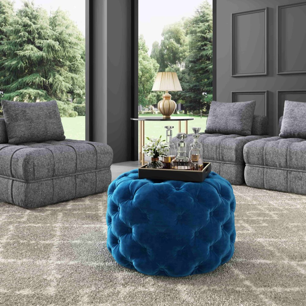 Round Velvet Ottoman in Navy - Cosy Abode