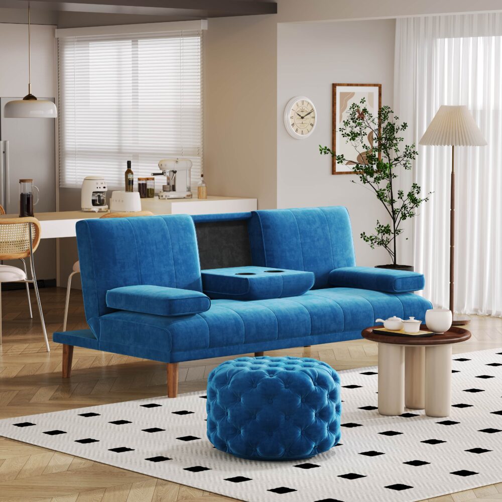 Round Velvet Ottoman in Navy - Cosy Abode