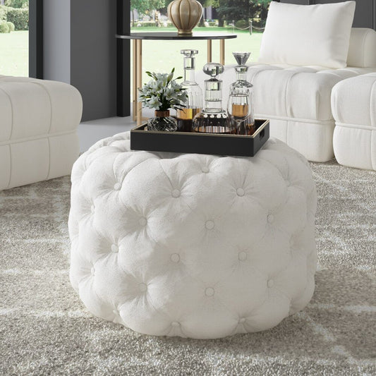 Bouclé White Ottoman-Round - Cosy Abode
