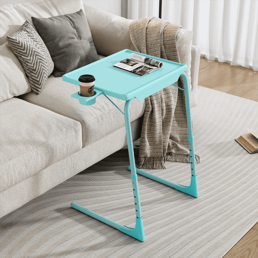 Foldable Table Adjustable Tray Laptop Desk with Removable Cup Holder-Turquoise - Cosy Abode