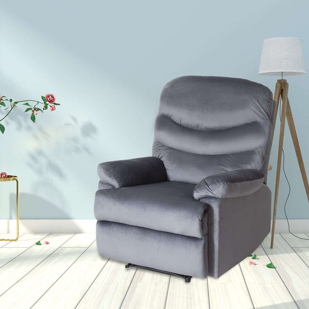 Wide Manual Single Recliner Sofa-Velvet Grey - Cosy Abode