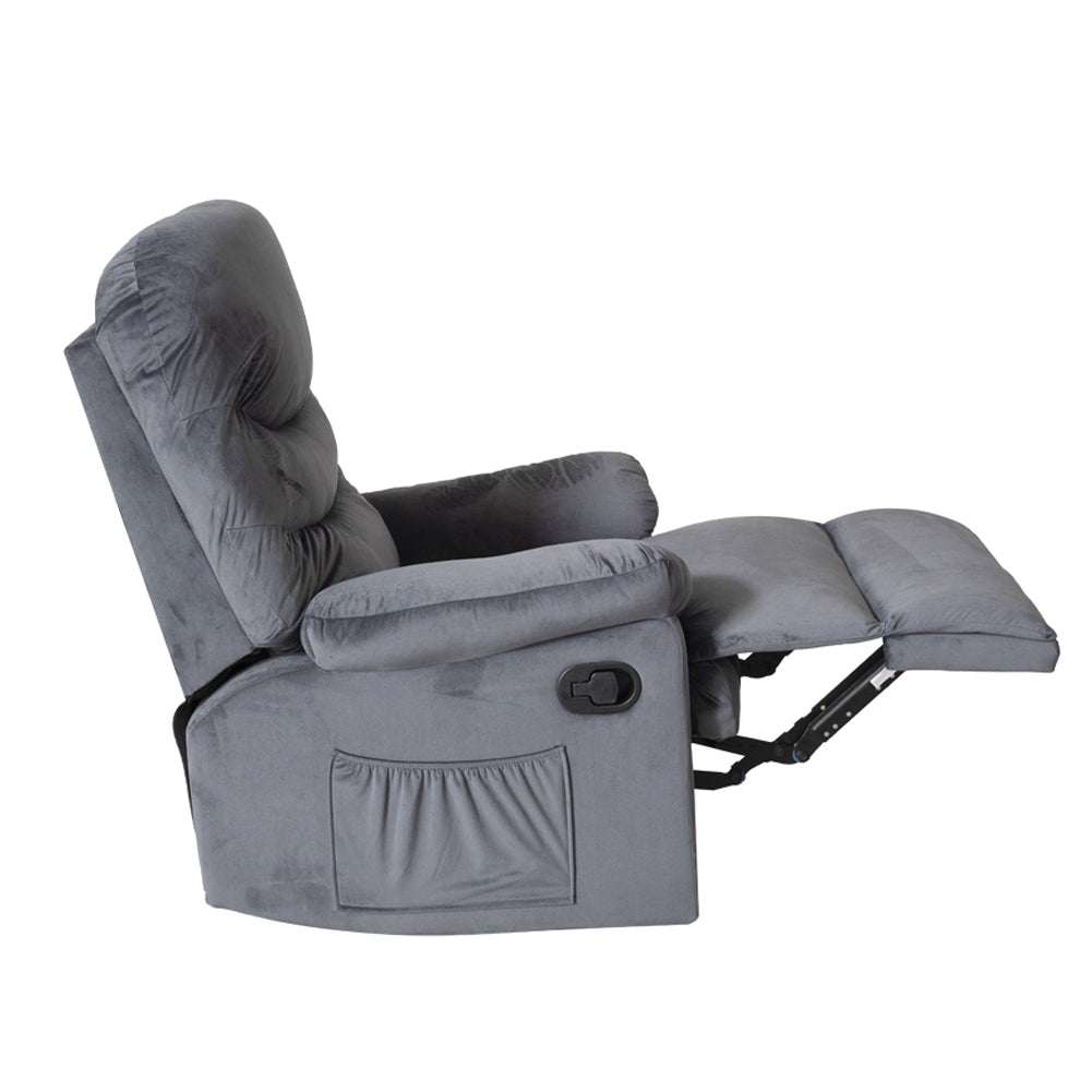 Wide Manual Single Recliner Sofa-Velvet Grey - Cosy Abode