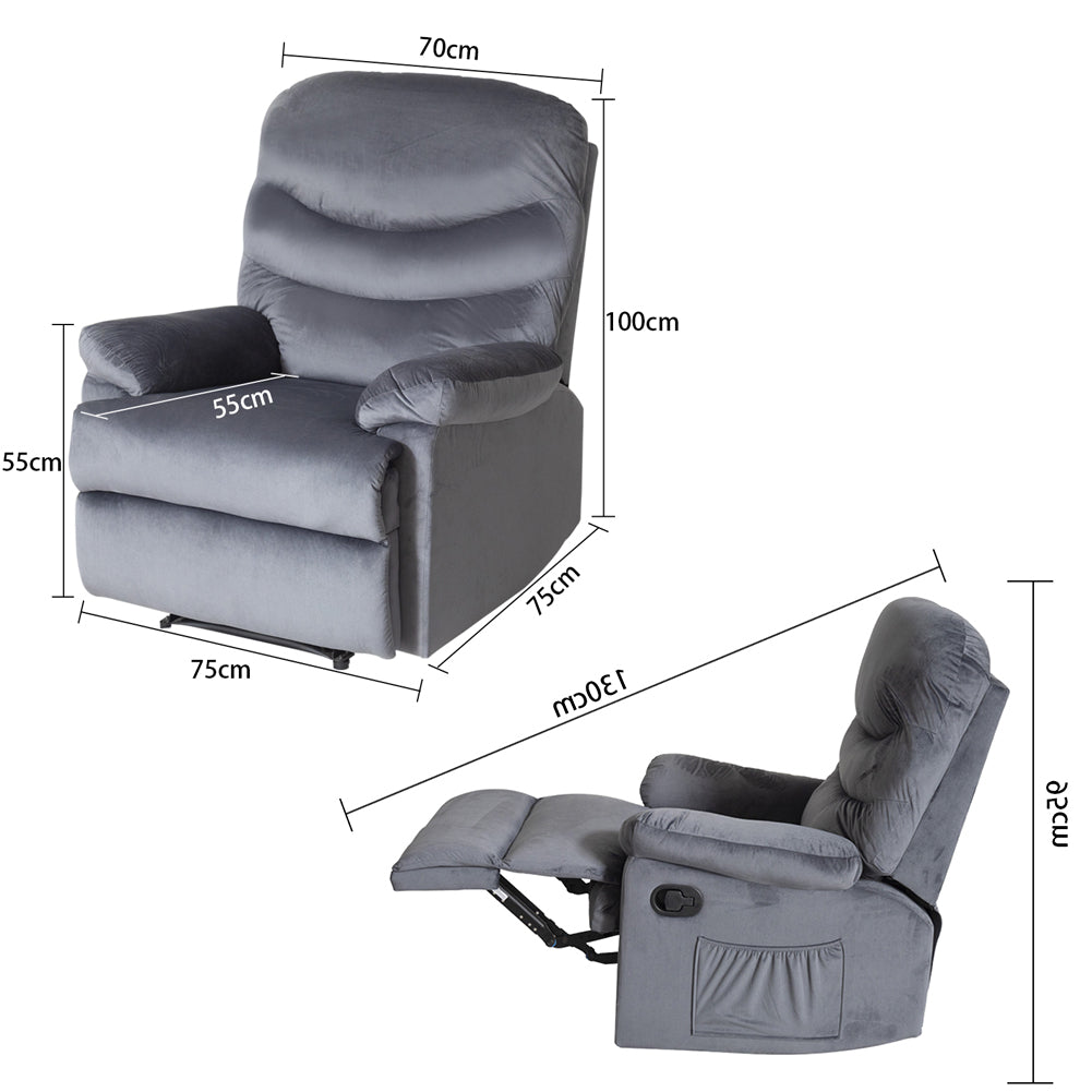 Wide Manual Single Recliner Sofa-Velvet Grey - Cosy Abode